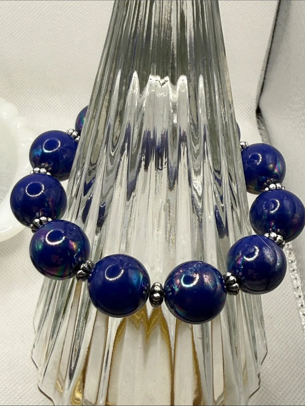 Lucite vintage trio stretch bracelets Blue Olive black shiny Beaded Bracelet Set